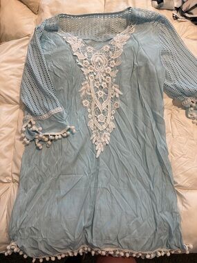 Light Blue Embroidered Pom-Pom Sleeve Women's coverup